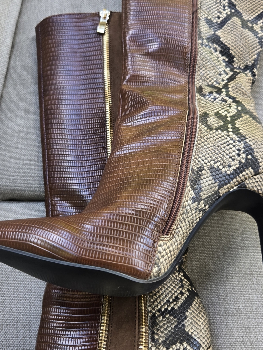Shoe Dazzle Kioni Brown Snakeskin-Print Knee Boots with Gold Zip - Picture 11 of 16
